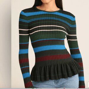 Torn By Ronny Kobo Striped Knit Peplum Sweater